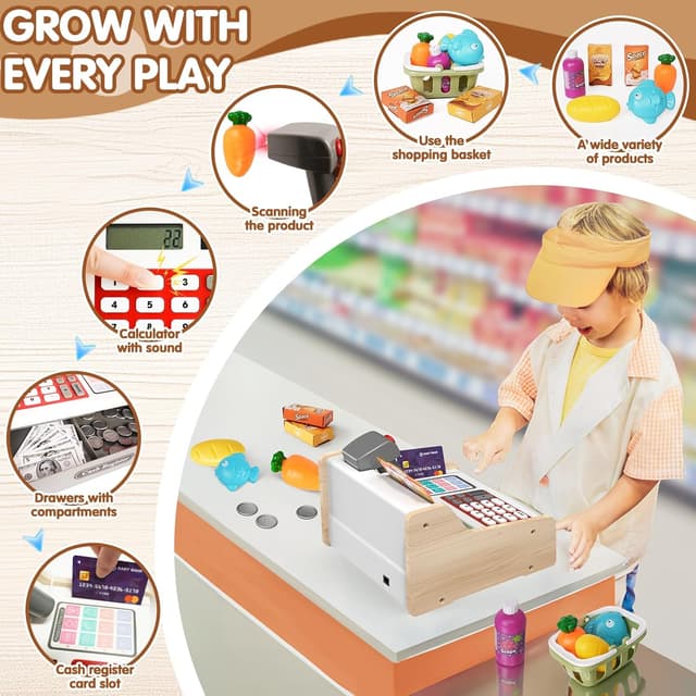 Detalle de 2025 Holz-Kasse mit Scanner und Rechner für Kinder