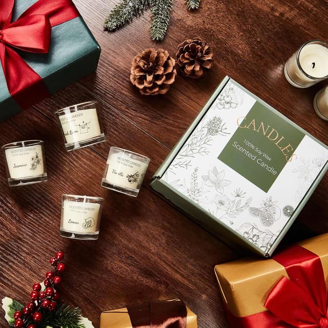 Detalle de Aptliton scented votive candle gift set (fresh linen, vanilla, jasmine & lemon) in soy wax