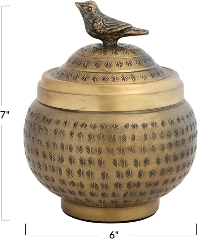 Thumbnail 1 de Round Hammered Metal Container Bird Finial Brass Finish 🏺