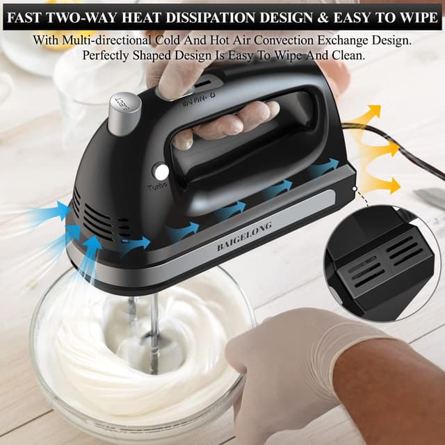 Detalle de BAIGELONG Hand Electric Mixer 300W with 5 speeds, turbo boost and 5 stainless steel attachments (black)