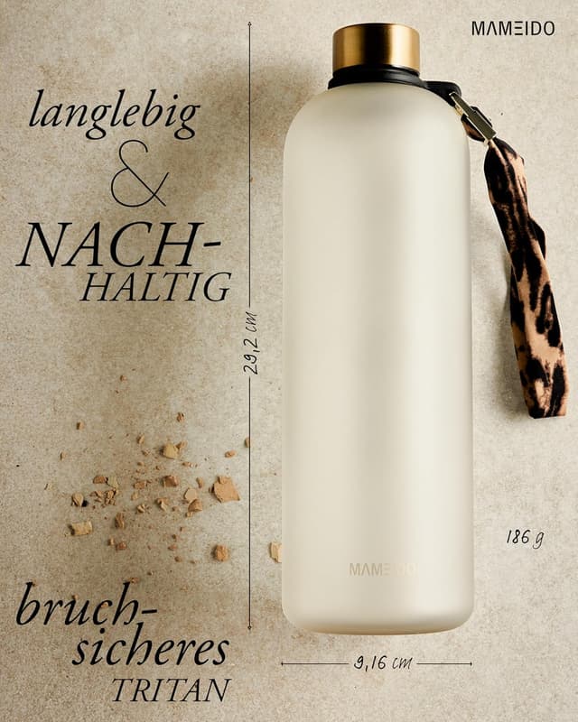 Detalle de MAMEIDO Trinkflasche mit Zeitmarkierung (1,5 l), kohlensäuregeeignet, auslaufsicher, BPA-frei – Ivory Beige Gold