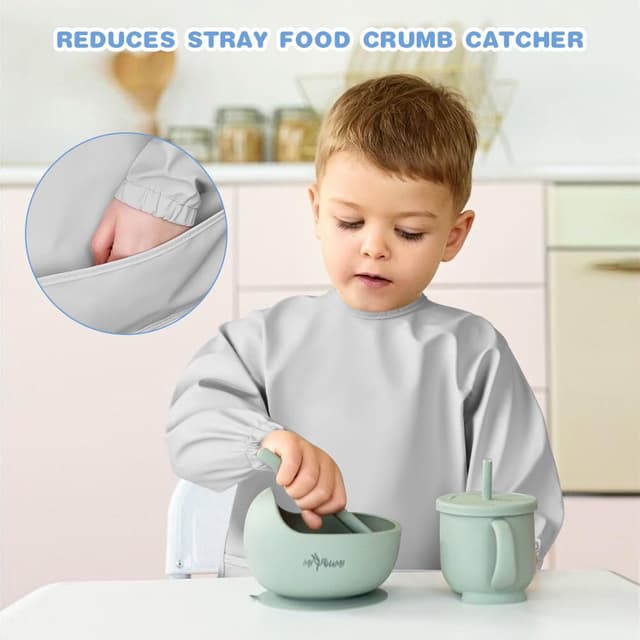 Detalle 2 de Vicloon Baby-Lätzchen mit langen Ärmeln, wasserdicht mit Tasche – für 6 bis 12 Monate, grün