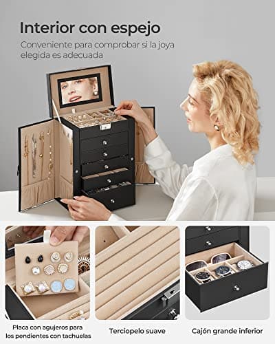 Detalle de SONGMICS JBC152B01 caja joyero de 6 niveles con espejo y cerradura (negro)