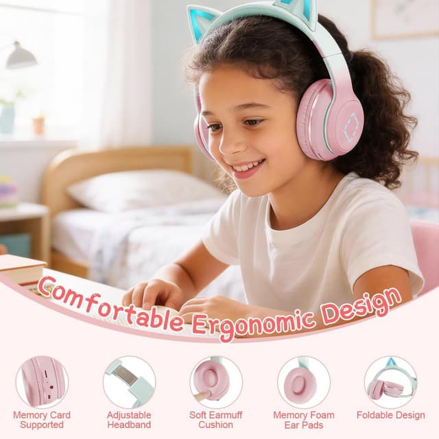 Detalle 2 de Caijin Kids Bluetooth Headphones with LED cat ears (Pink) – safe 85dB volume limit, wireless or wired