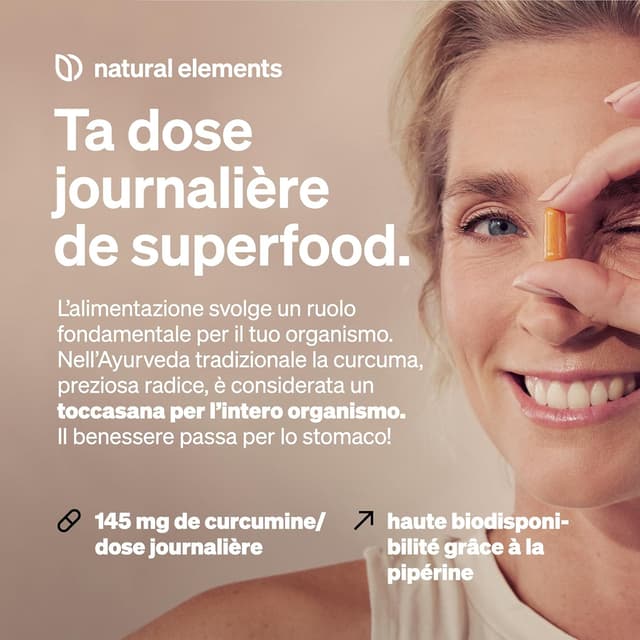 Detalle de natural elements Curcuma Bio avec poivre noir – 240 gélules (2 900 mg de curcuma bio par dose)