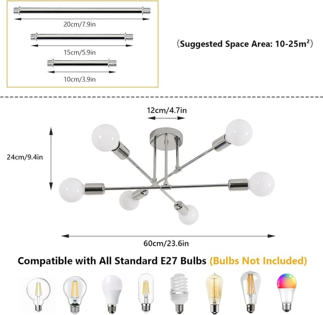 Detalle 2 de Goeco Lampadario Sputnik Vintage con 6 portalampada E27, metallo cromato (60 cm)
