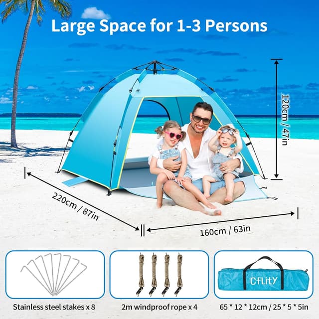 Detalle 2 de Cflity Pop Up Beach Tent (1–3 Person) – Automatic Instant UV 50+ Sun Shelter with Double Door