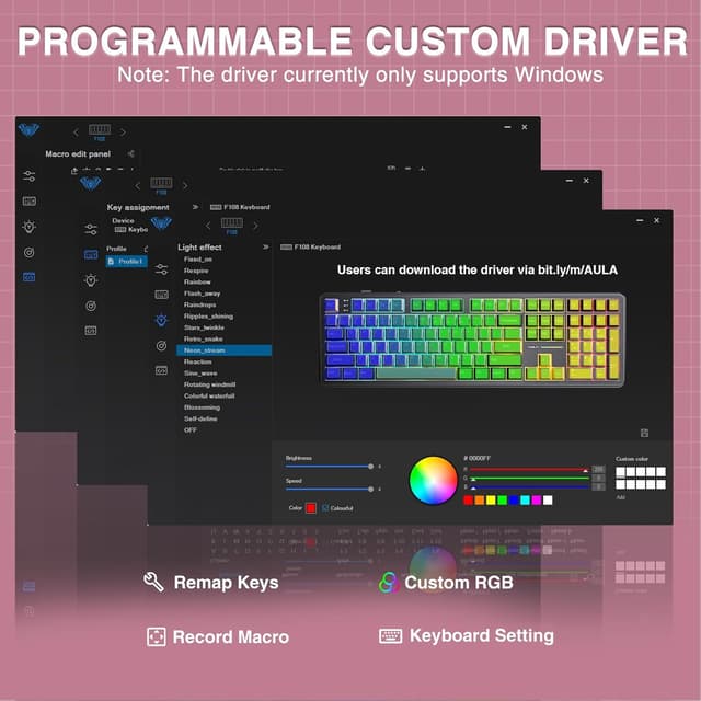 Detalle de AULA F108 Mechanical Keyboard (Wireless-Silent) – 2.4GHz/BT5.0 + USB-C, 100% Full Size, RGB, Hot-swappable