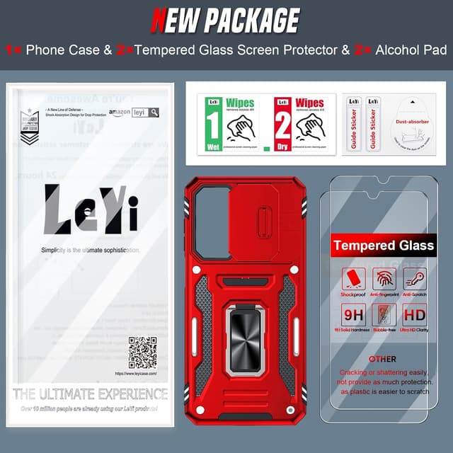 Thumbnail 6 de LeYi tough armour phone case for Samsung Galaxy A17 4G/5G with slide camera lens cover, ring stand and tempered glass (Red)