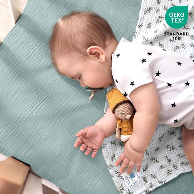 Detalle 2 de lulumoon 2er-Set Kinder-Spannbettlaken aus Musselin (70x140 cm, Grüner Baum)