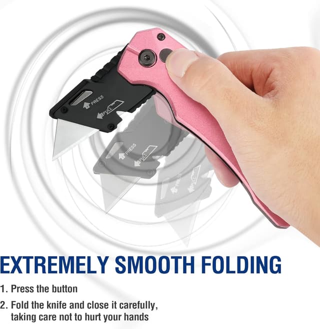 Detalle de WORKPRO Cutter Professionnel Pliant rose avec mécanisme de changement rapide et 10 lames SK5