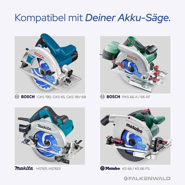 Detalle de FALKENWALD Sägeblatt 190 x 30 mm (Akku) – für Holz, Metall & Aluminium, kompatibel mit Bosch GKS 65/PKS 66 AF