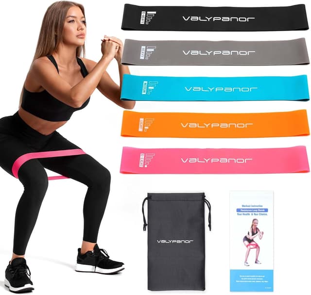Detalle de VALYPANOR Resistance Bands Exercise Loop (5 resistance levels) with carry bag for home gym, yoga & rehab