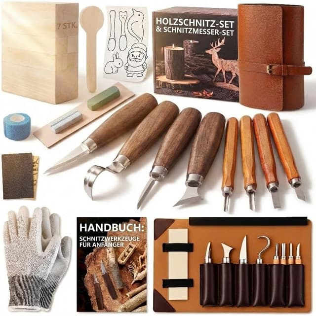 Detalle de Bluvizo Schnitzwerkzeug Holz Schnitzset für Anfänger (25-teilig) inkl. Anleitung, Handschuhe und Lindenholz