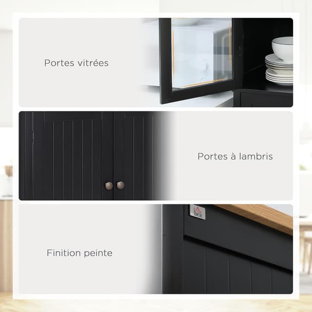 Detalle de HOMCOM Buffet de cuisine noir avec 4 portes dont 2 vitrées et tiroir, 182,5 cm de hauteur