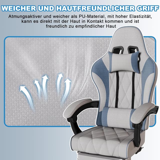 Detalle de JUMMICO Sedia gaming in tessuto con imbottitura a molle, ergonomica con massaggiatore, poggiatesta e poggiapiedi (Grigio & Blu) portata 150 kg