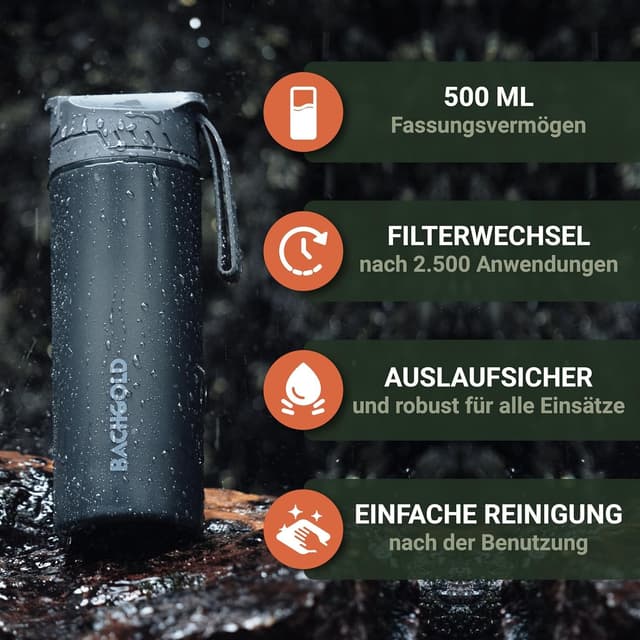 Detalle de Bachgold® Profi Outdoor Wasserfilter-Flasche (Blau) – Profi-Wasserfilter für Outdoor, 500 ml