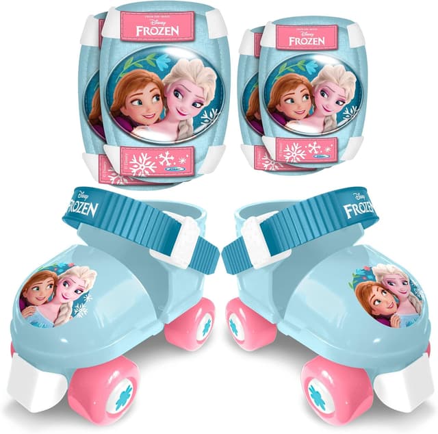 Detalle de Combo patins à roulette 4 roues réglables + genouillères/coudières La Reine des Neiges II (23–27) bleu et blanc