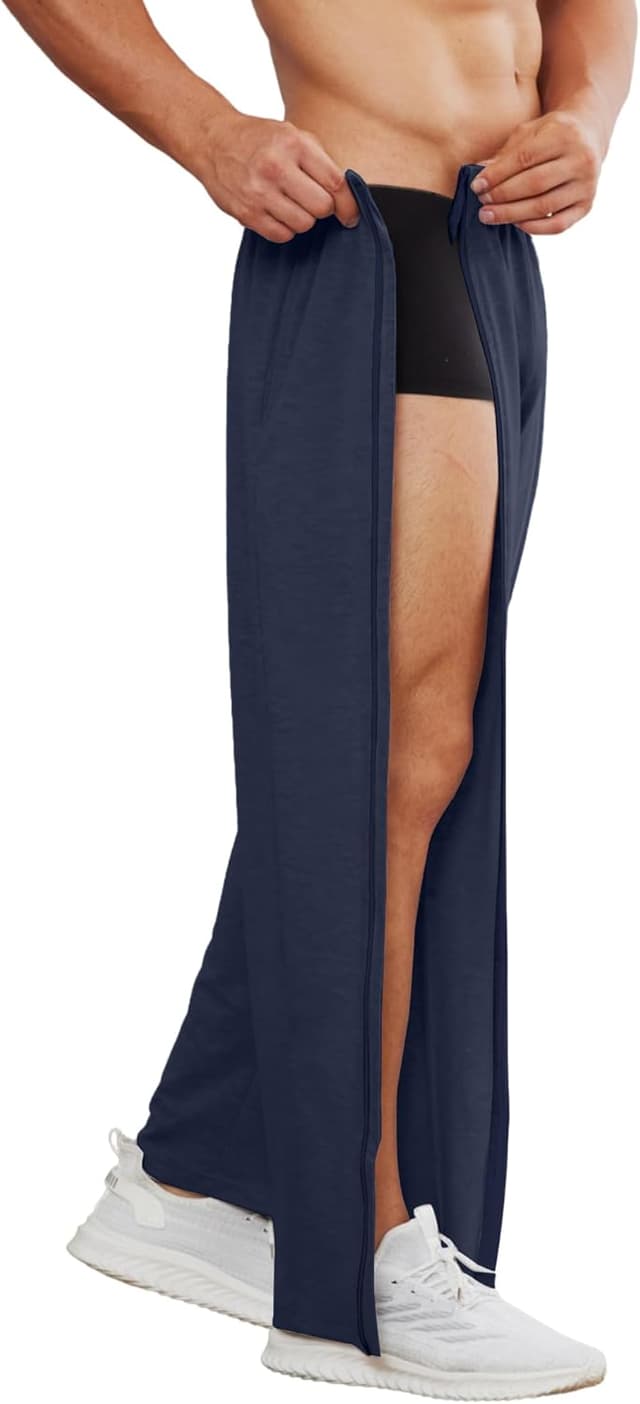 Detalle 2 de PINSPARK Reha-Hose Herren mit durchgehendem Reißverschluss – lange Sporthose aus Baumwolle mit Taschen