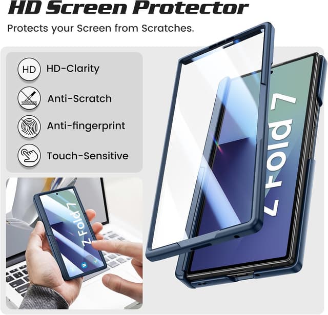 Detalle de Doeshine Galaxy Z Fold 7 Case with Kickstand & Front Screen Protector (Blue) — Magnetic hinge protection