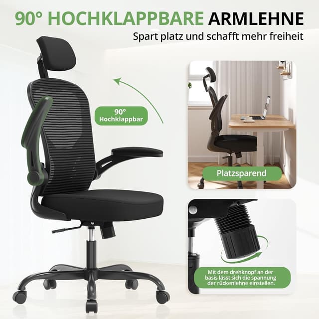 Detalle 2 de Synorla ergonomischer Bürostuhl mit Lordosenstütze, 150-kg-Tragkraft und 360°-Drehfunktion (Schwarz)