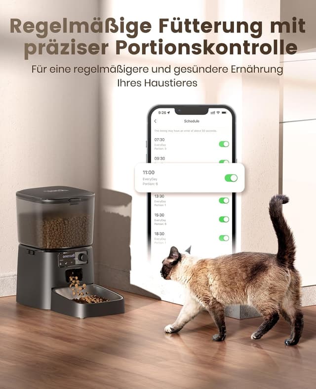 Detalle de oneisall 3,5 l Futterautomat für Katze mit WiFi & App-Steuerung (Upgrade 2,4 GHz) – inkl. Edelstahlnapf (Schwarz)