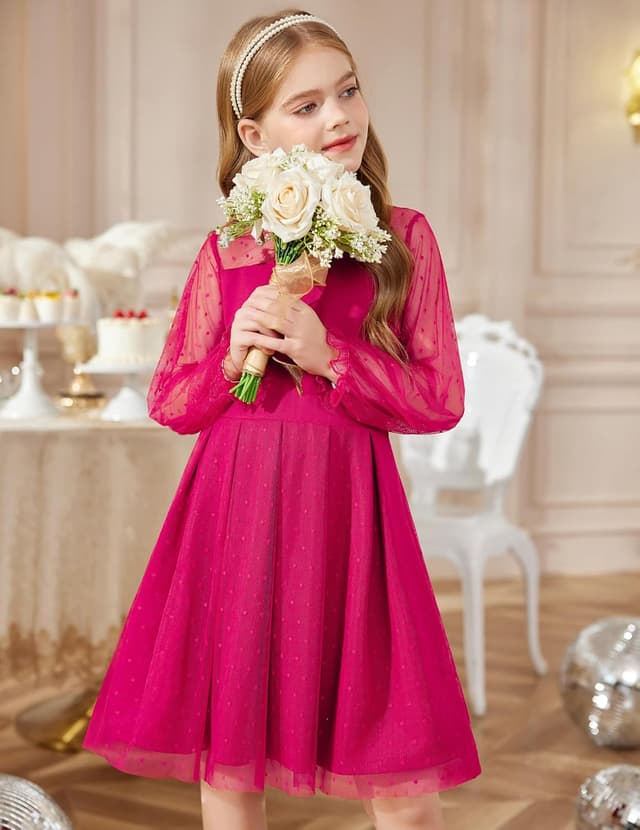 Detalle de Arshiner Girls Contrast Mesh Puff Long Sleeve Mock Neck Formal Tulle A-Line Dress