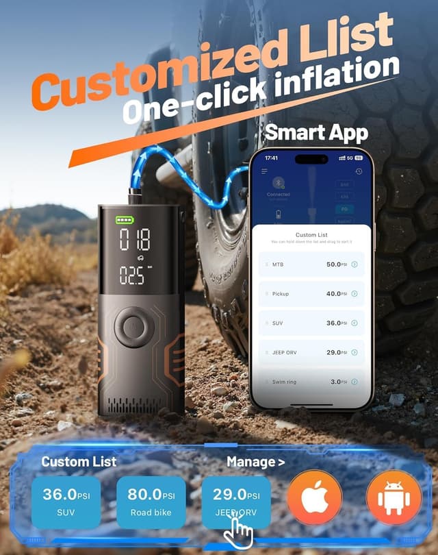 Detalle de Portable Tire Inflator Air Compressor with Smart APP Control (150 PSI) — All-in-One Storage Pump for Car, Motorcycle, Bicycle, and Balls