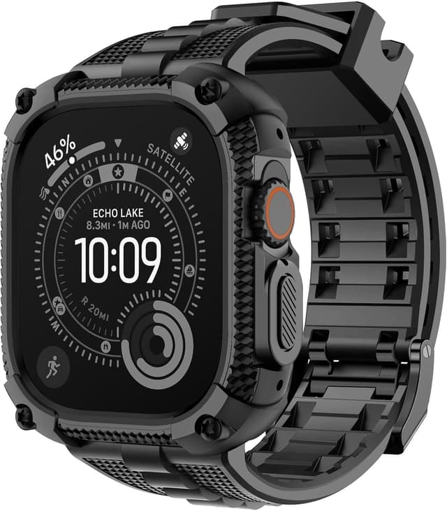 Detalle de Fullmosa Rugged Cover con cinturino per Apple Watch Ultra 3/Ultra 2/Ultra 49 mm in TPU nero con bumper militare