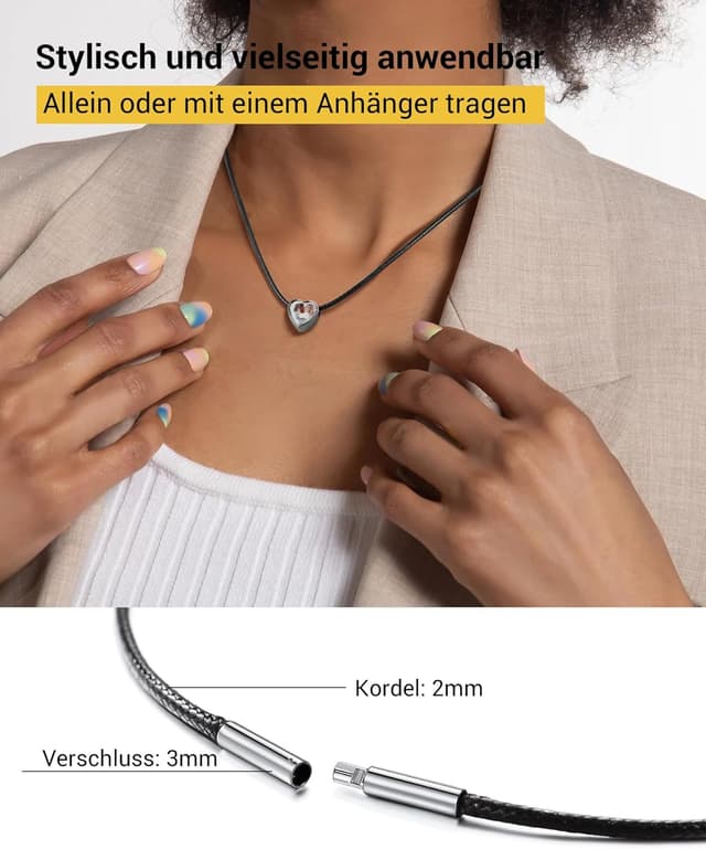 Detalle 2 de PROSTEEL Kordelkette mit Edelstahlverschluss (2 mm) – schwarze Kette in Längen von 41 bis 76 cm, unisex