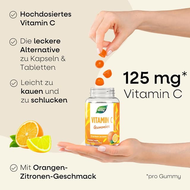 Detalle de Vitamin C Gummibärchen für Erwachsene – hochdosierte Vitamin-C Gummies mit 125 mg, vegan & gluten- sowie laktosefrei (60 Stück)