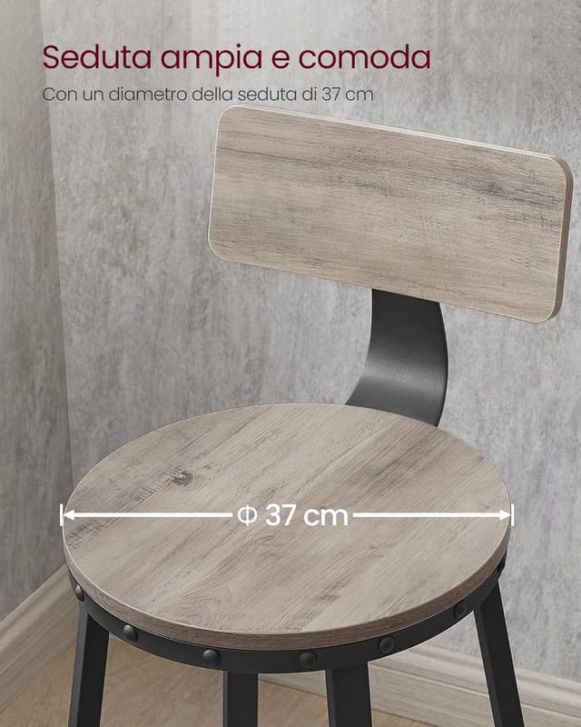 Detalle de VASAGLE set di 2 sgabelli da bar LBC026B02 con schienale, altezza seduta 73 cm, greige e nero