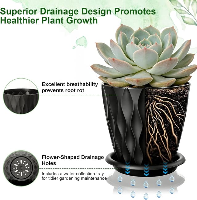 Detalle de Romon set di 6 vasi in plastica da interno/esterno da 10 cm con fori di drenaggio e sottovaso rimovibile, nero