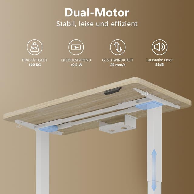 Detalle de TRIUMPHKEY höhenverstellbarer Schreibtisch 180x80 cm mit Dualmotor, Touchscreen, USB-A & Kabelmanagement (beige)