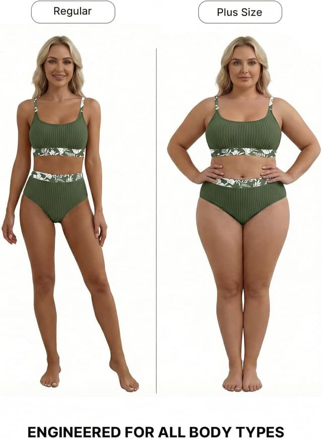 Detalle 2 de Herseas Women’s Textured Floral Trim Scoop Neck Bikini Set (High-Waisted)