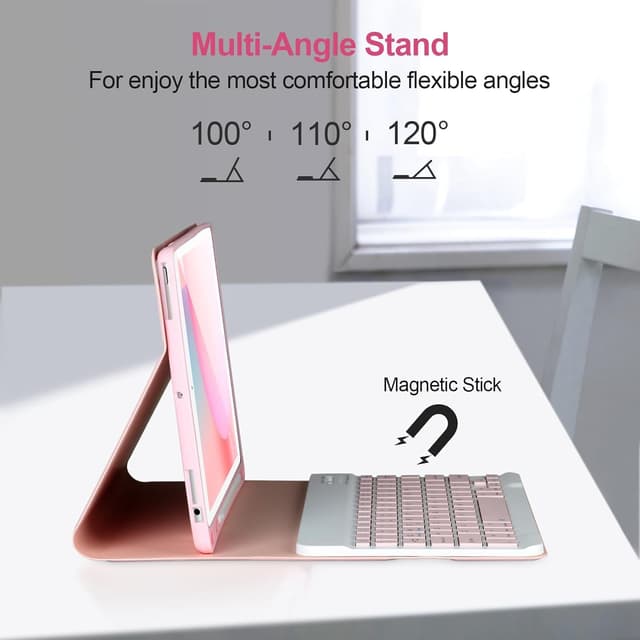Detalle de APHBZGE Keyboard Case for iPad 9/8/7th Gen 10.2" – detachable Bluetooth keyboard, auto wake, pencil holder (Pink)