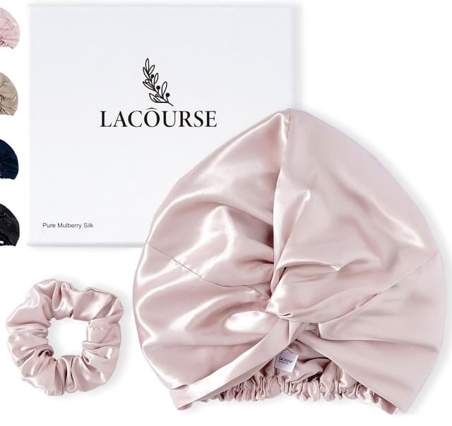 Detalle de LaCourse rutschfeste, verstellbare Seidenhaube (22 Momme, 100% Maulbeerseide, doppellagig) zum Schlafen – Rosa