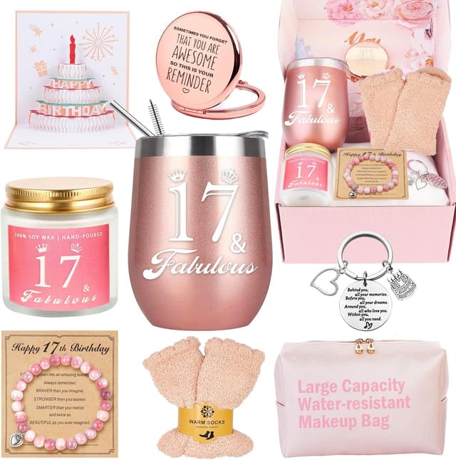 Detalle de Geschenke für 17 Jährige Mädchen Geburtstags-Set mit Geschenkbox (Edelstahl-Weinbecher, Armband, Duftkerze & mehr)