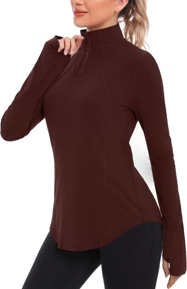 Detalle de Crewhpo Tee-shirt sport femme manches longues 1/4 zip avec trous pour les pouces (haut running yoga)