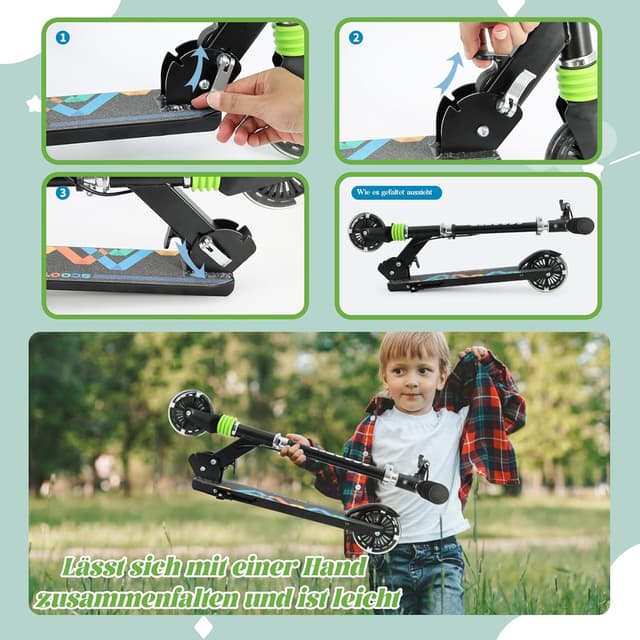 Detalle 1 de TENBOOM Roller für Kinder ab 3 Jahren mit 2 Rädern, klappbar, 3-fach höhenverstellbar und LED-Rädern