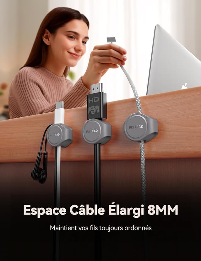 Detalle 2 de FLYLEAD (8 pièces) clips de câble en silicone avec fixation magnétique et adhésif acrylique, gris