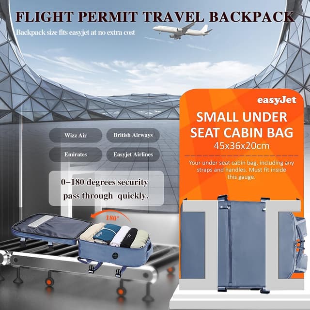Detalle 2 de Underseat Cabin Bag 45x36x20 for EasyJet: Waterproof Travel Backpack with Anti-Theft Pocket and USB Port