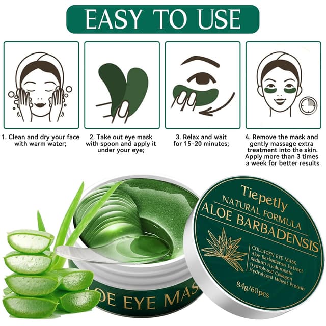 Detalle de Augenpads mit Kollagen, Aloe Vera & Hyaluronsäure – 60 Eye Pads gegen Augenringe, Schwellungen & Falten (grün)