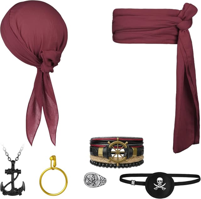 Detalle de Alaoo Kit accessori pirata da capitano: bandana, cintura e dettagli per costume