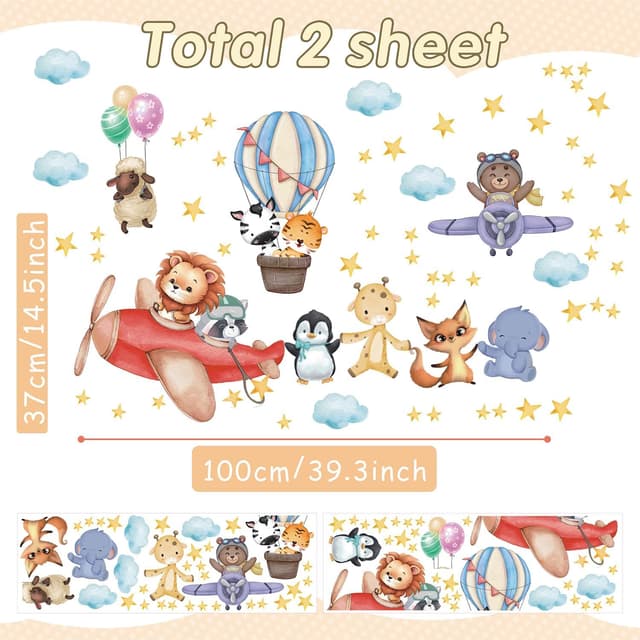 Detalle 2 de TOARTi Flugzeug- & Tier-Wandtattoo für das Kinderzimmer – wiederablösbare Wandsticker aus PVC