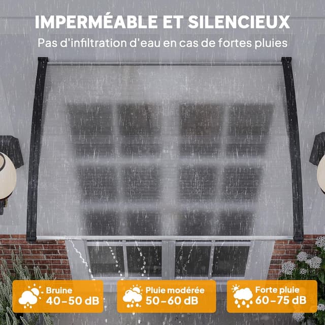Detalle de Auvent de porte Outsunny en polycarbonate 122x89 cm – Marquise blanche pour protection pluie et UV