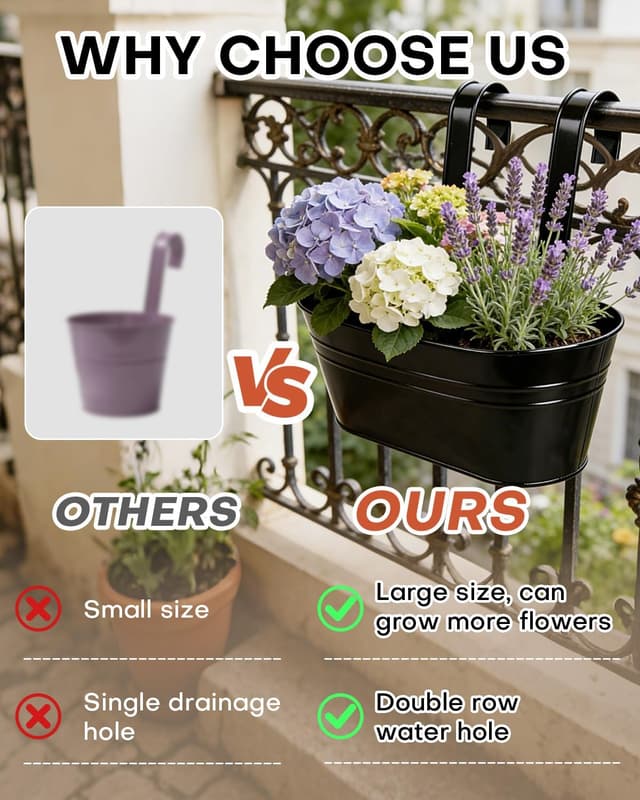 Thumbnail 6 de 4 Pack Black Galvanised Iron Hanging Flower Pots with Detachable Hooks (Large) – Balcony & Fence Planters