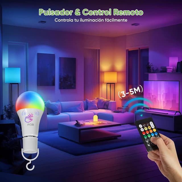 Detalle 2 de Kimjo Bombilla LED E27 RGB Recargable con Control Remoto 💡 (4 Piezas)
