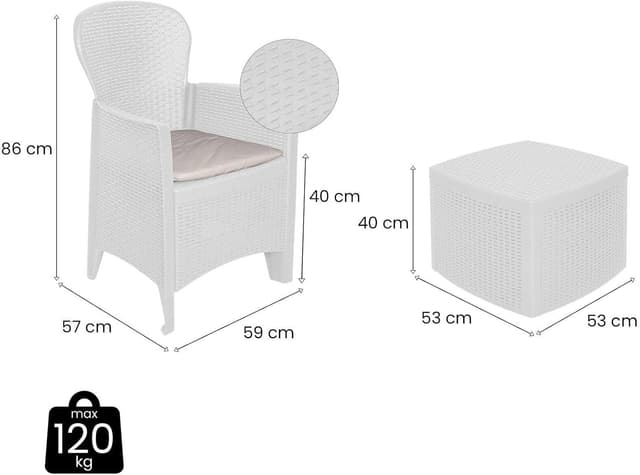 Detalle de Set salotto da esterno Napoli di Dmora: 2 poltrone + tavolino contenitore effetto rattan bianco