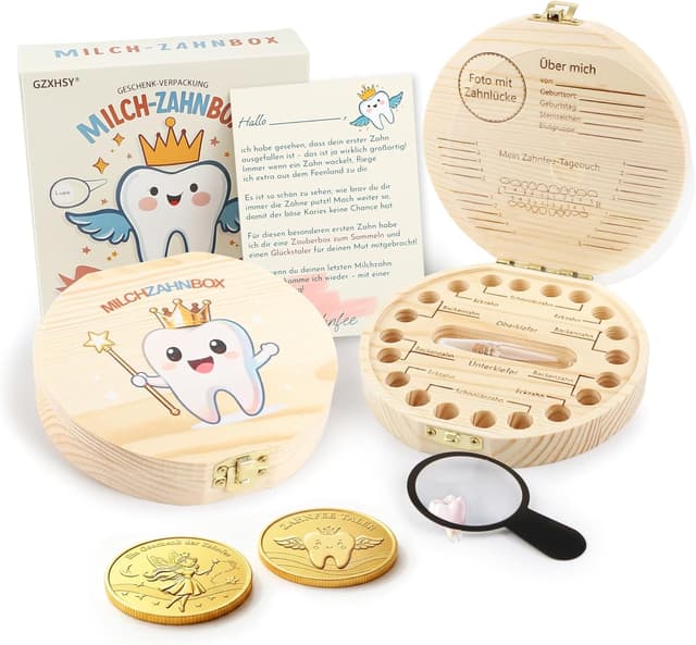 Detalle de Gzxhsy Zahnfee-Geschenkset für Milchzähne (Zahnbox mit 2 Münzen, Lupe & Brief)